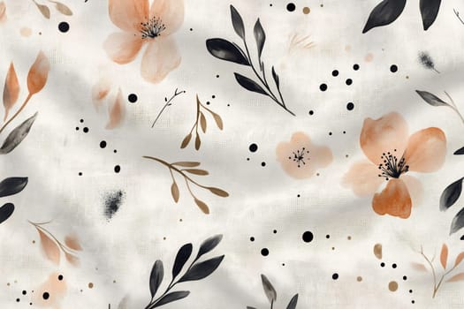 Delicate floral patterns featuring soft peach blossoms and dark green leaves are beautifully arranged on a light background.