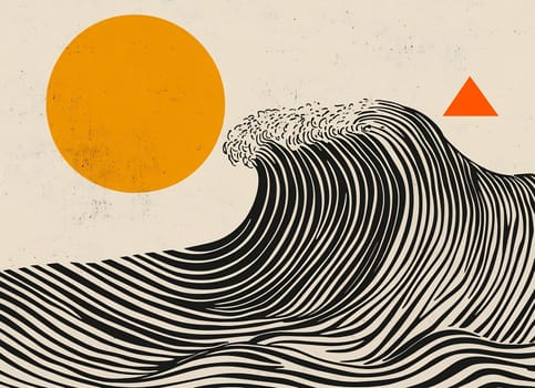 Bold black and white wave design features a large sun and a simplistic triangle, creating a striking visual contrast.