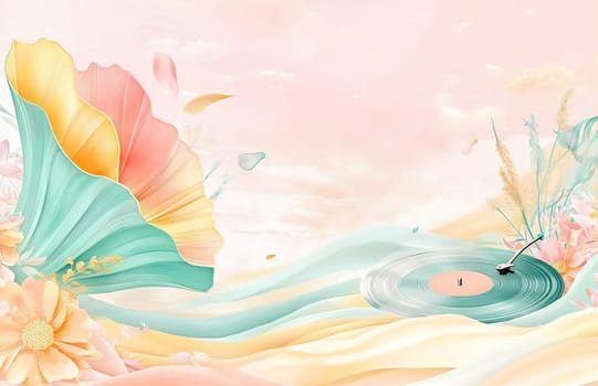 A vibrant scene of a vinyl record surrounded by flowing pastel colors and blooming flowers, evoking a sense of harmony and tranquility.