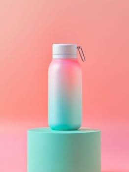 A modern water bottle with a vibrant gradient design sits atop a geometric pedestal in soft pastel colors.