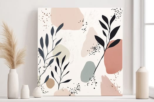 A modern painting featuring black leaves and pastel shapes in a serene indoor setting, enhancing the cozy atmosphere.