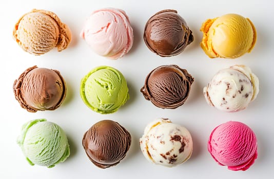Twelve scoops of ice cream in various flavors arranged neatly on a white surface, showcasing vibrant colors and tempting textures.