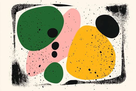 An artistic composition displays vibrant shapes in green, pink, yellow, and black against a light background, creating a modern aesthetic.
