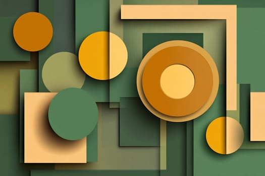 Colorful geometric shapes in various sizes blend harmoniously to create a modern abstract design with a calming color palette.