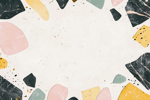 Abstract design featuring various colorful stone shapes arranged around a blank center, ideal for graphic design or art projects.
