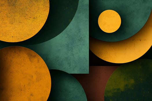 An abstract composition features overlapping circles and shapes in various earthy colors, creating a vibrant visual effect.