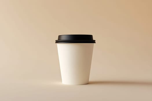 A plain white coffee cup stands upright on a soft, neutral backdrop, showcasing its minimalist design and black lid.