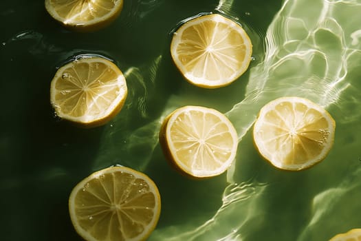 Yellow lemon slices drift atop sparkling water, reflecting light and creating a refreshing summer vibe in a serene setting.