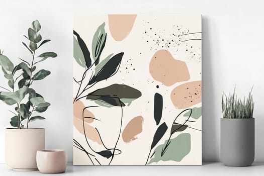 A minimalist interior showcases abstract plant art featuring soft colors, surrounded by potted plants, enhancing the tranquil atmosphere.