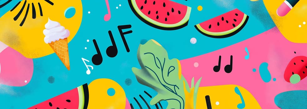 Vibrant summer-themed decoration featuring ice cream, musical notes, watermelons, and colorful shapes on a lively background.