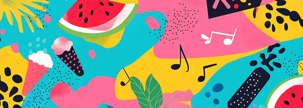 Colorful design featuring watermelon, ice cream, and musical notes, perfect for summer festivities and cheerful decorations.