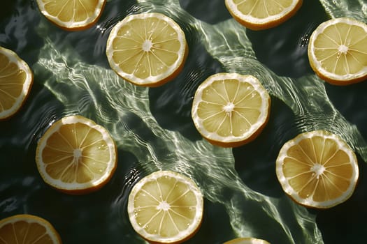 Fresh lemon slices drift on the surface of clear water, creating a refreshing and vibrant visual effect under bright lighting.