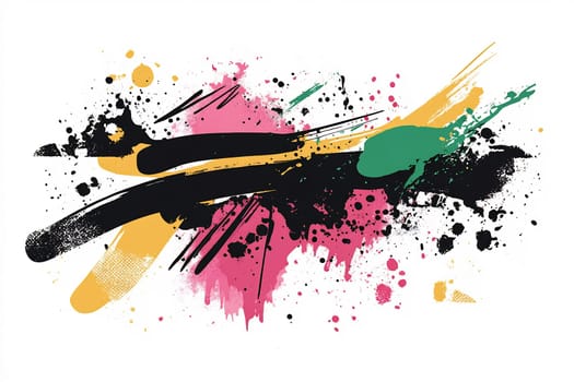 Bold splashes of pink, green, and black create an energetic abstract design, showcasing dynamic movements and textures in art.