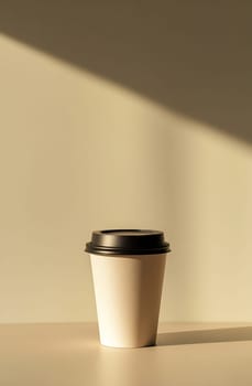 A white coffee cup with a black lid rests on a table, bathed in soft sunlight creating a warm ambiance.