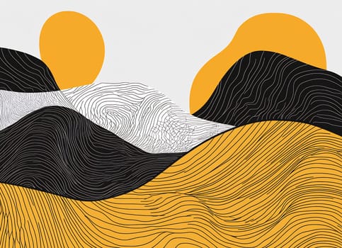 Simple yet striking artwork featuring hills in contrasting colors and bold lines beneath two bright suns.