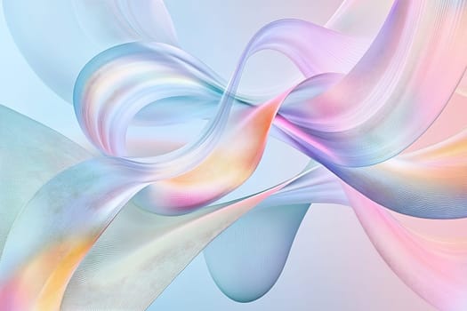 Soft pastel ribbons intertwine elegantly, creating a harmonious blend of colors and fluid shapes across a serene background.