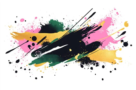 Bright hues of pink, gold, green, and black form an abstract splash, showcasing dynamic brush strokes and splatters on a white background.