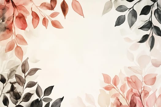 Delicate watercolor leaves in shades of pink and gray frame a light background, creating a serene and calming atmosphere for various uses.