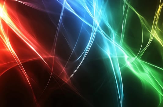 Vibrant lines of red, blue, green, and yellow flow across a dark background, creating dynamic, colorful patterns that evoke energy and movement.