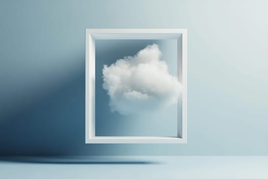 A fluffy cloud is displayed inside a white frame against a soft blue background, creating a surreal and minimalist atmosphere.