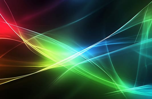 Bright light patterns swirl and blend in vibrant colors, creating a dynamic visual effect against a dark background.