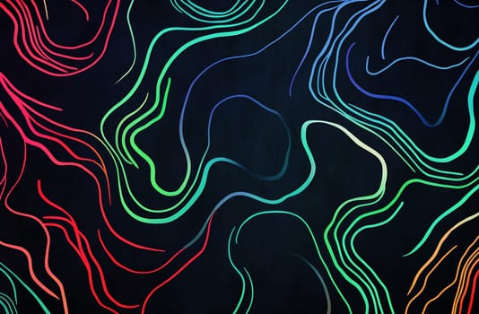 Fluid lines in vibrant colors twist and turn against a dark background, creating an abstract design that captivates the viewer's attention.