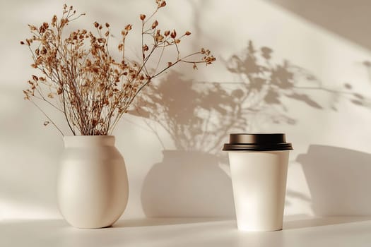 A warm, inviting setup features a coffee cup beside a vase of dried flowers, casting gentle shadows on a light background.
