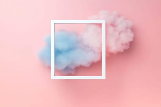 Soft blue and pink clouds float within a white rectangular frame against a pastel pink background, creating a serene visual experience.