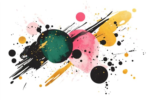 An abstract composition features vibrant colors and dynamic shapes, showcasing splashes and blobs that create a lively visual experience.