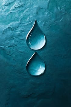 Two clear water droplets rest on a deep blue textured surface, creating an elegant contrast with their reflective surfaces.