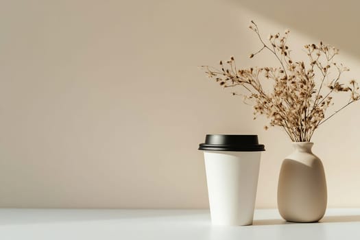 A white cup of coffee sits beside a minimalist vase with dried flowers, creating a serene atmosphere on a simple tabletop.