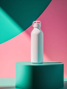 A sleek white water bottle stands prominently on a turquoise pedestal against a vibrant pink and green background with geometric shapes.