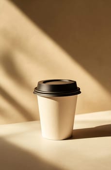 A white coffee cup with a black lid sits on a table, basking in warm light from a nearby window.