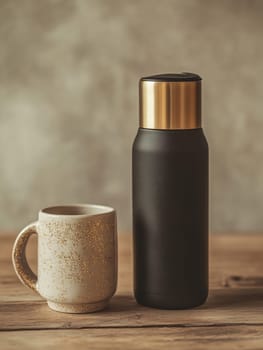 A sleek black bottle stands next to a textured ceramic mug on a wooden surface, showcasing minimalist design and simplicity.