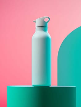 This sleek water bottle stands upright on a green pedestal against a vibrant pink backdrop, showcasing modern design and functionality.