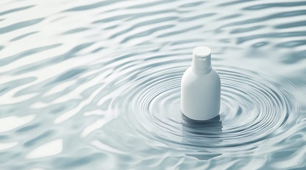 A white bottle gently floats on the surface of still water, creating soft ripples around it in serene surroundings.