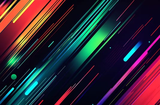 Bright, colorful lines stretch diagonally across a dark backdrop, conveying a sense of speed and energy in a vibrant design.