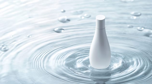 A white bottle stands upright in clear water, surrounded by gentle ripples, creating a calm and serene atmosphere.