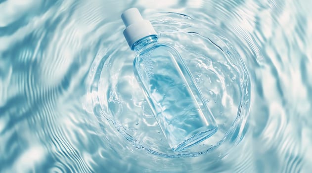 A transparent water bottle floats on the surface of shimmering water, creating gentle ripples and reflections under natural light.