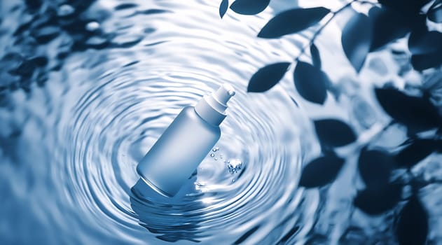 A clear water bottle gently floats on rippling water, surrounded by leaves, creating a tranquil scene of nature and serenity.