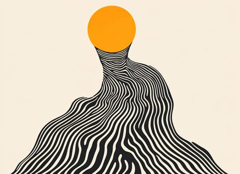 A vibrant sun rises above flowing black and white lines that create a captivating abstract landscape. The artwork blends simplicity with elegance.