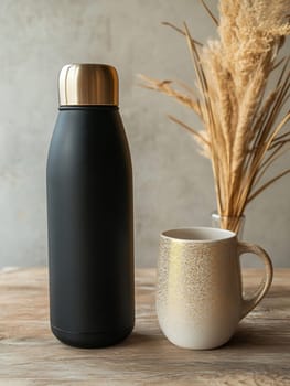 A sleek black water bottle stands next to a textured mug on a wooden table, with dried grass in the background creating a warm ambiance.