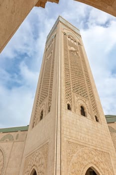 View of the tower of Hassan II Mosque.  Mosque was completed  in 1993. Vertically.