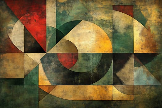 Colorful shapes and patterns blend together, creating a vibrant abstract composition with warm tones and textured elements.