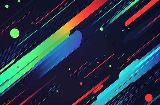 Bright colors create a dynamic abstract design featuring lines and circles on a dark background, evoking energy and movement.