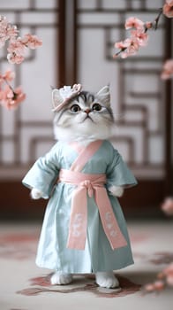 A cat dressed in a traditional outfit, standing among cherry blossoms.
