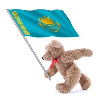 A Kazakhstan flag being carried by a cute teddy bear