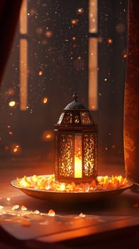 A beautifully lit lantern surrounded by petals on a decorative plate.