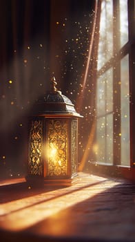 A beautifully illuminated lantern casting warm light in a serene room.