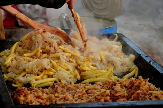 potato dumblings with sauerkraut at a German Christmas market